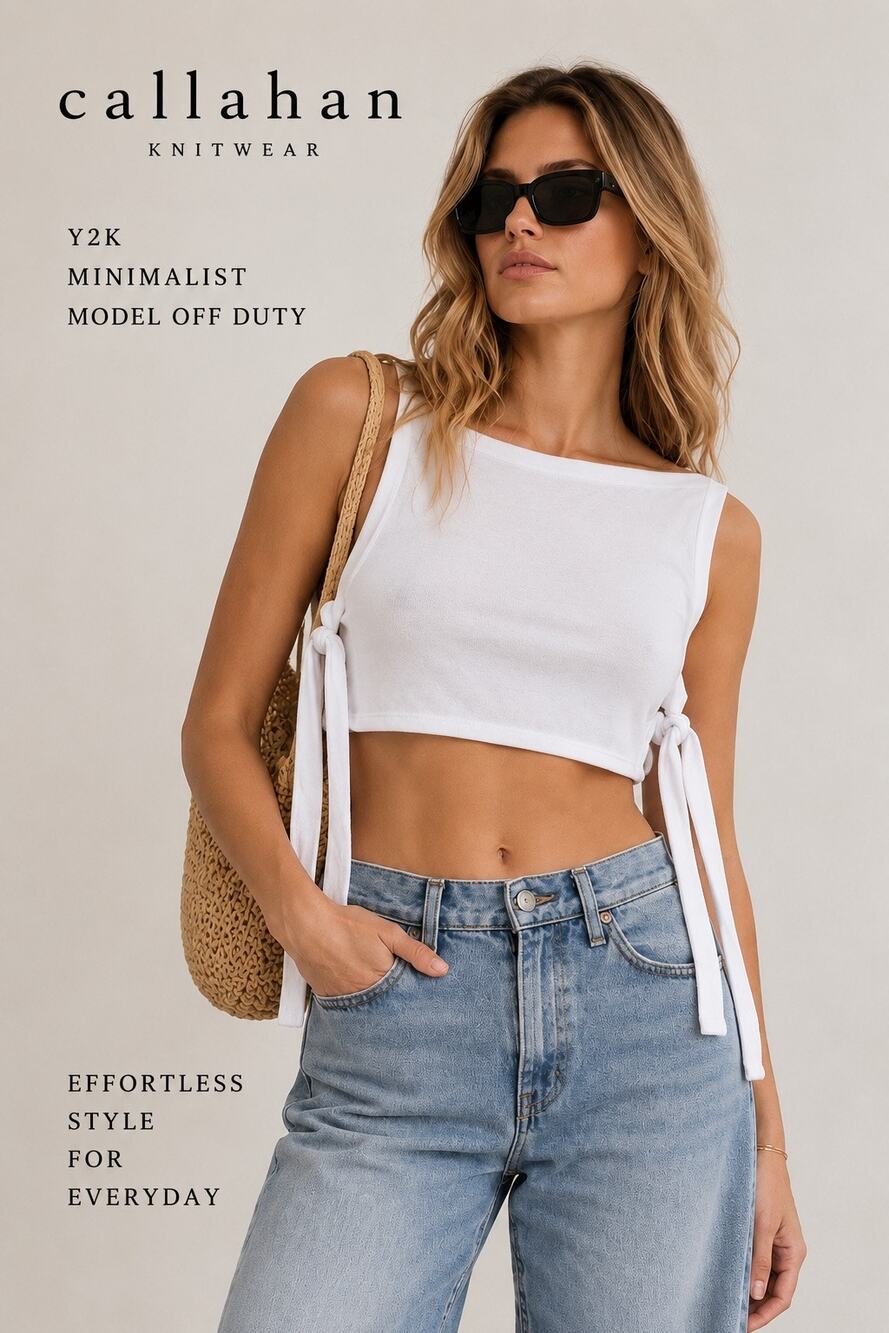 Y2K Minimalist Model Off Duty Vacation Callahan Side Tie Crop Top White Cotton